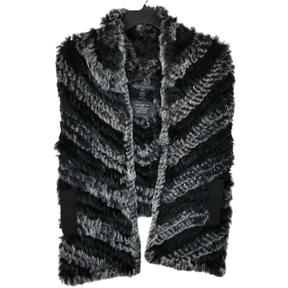 Marc by Marc Jacobs Fur Vest Women OS Black Grey Chevron Wool Rabbit Fur